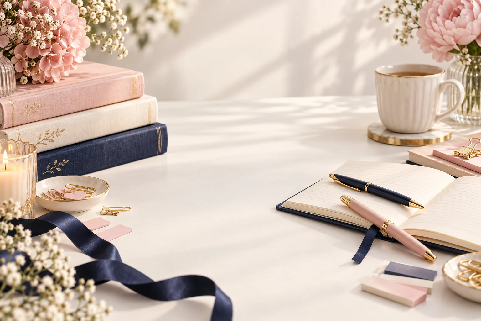 Books, a notebook and refined stationery arranged with flowers and navy ribbon