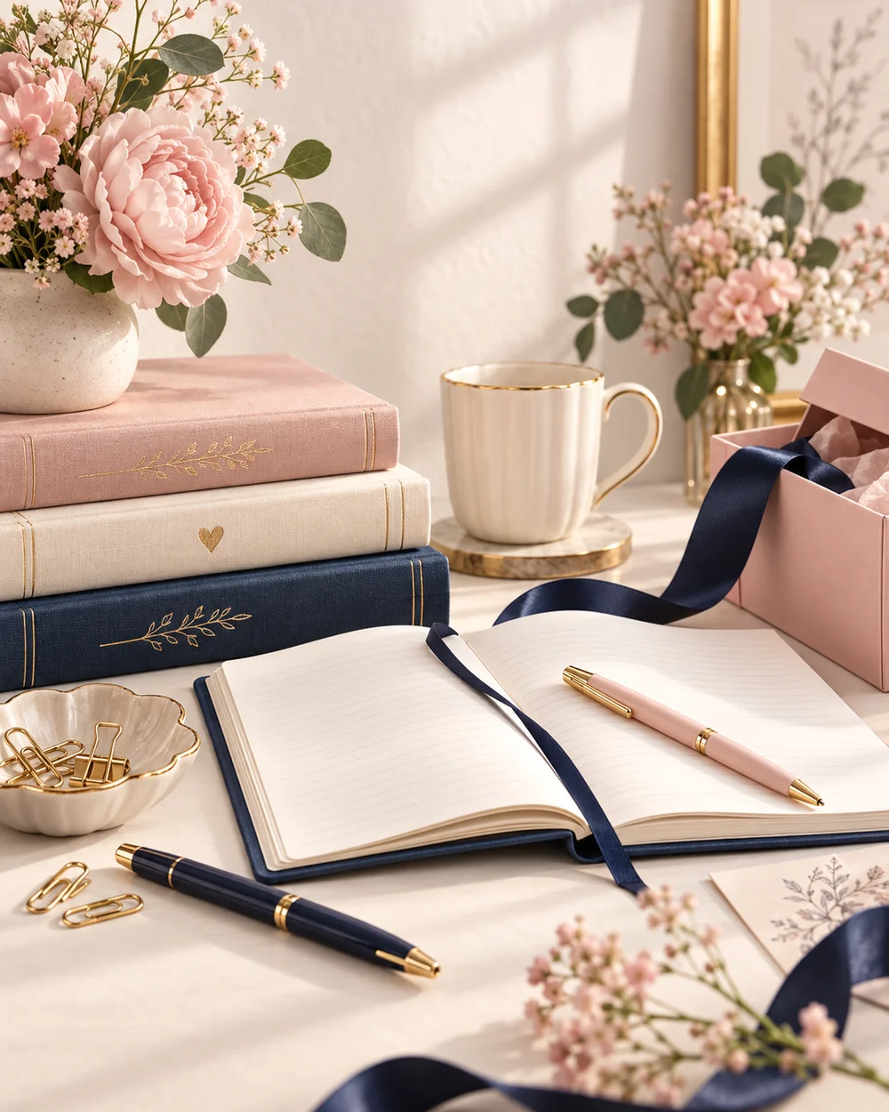 Books, an open notebook and stationery arranged on a clean ivory table