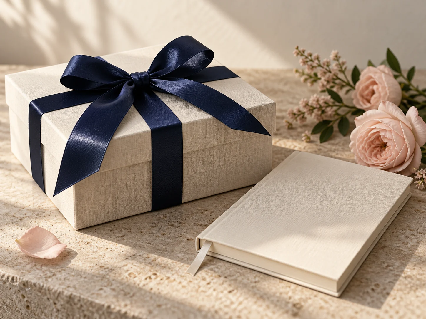 Illustrative ivory gift box with a navy ribbon, surrounded by softly coloured stationery